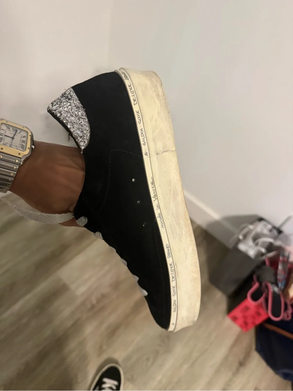 Golden Goose Hi Star Women’s Black Suede with Silver Glitter Star. Size 39